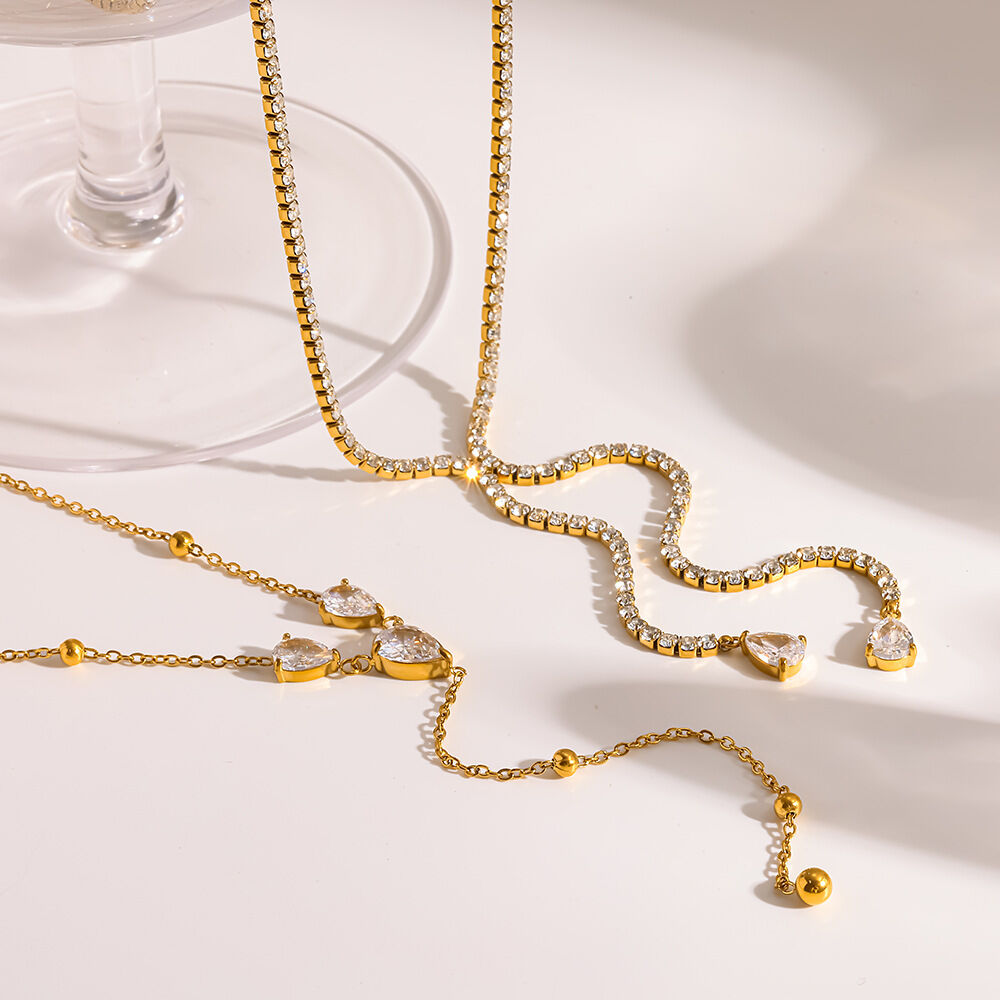 Luxurious Elegant Droplet Stainless Steel Waterproof Gold Color Zircon Women's Pendant Necklaces h5 Picture3