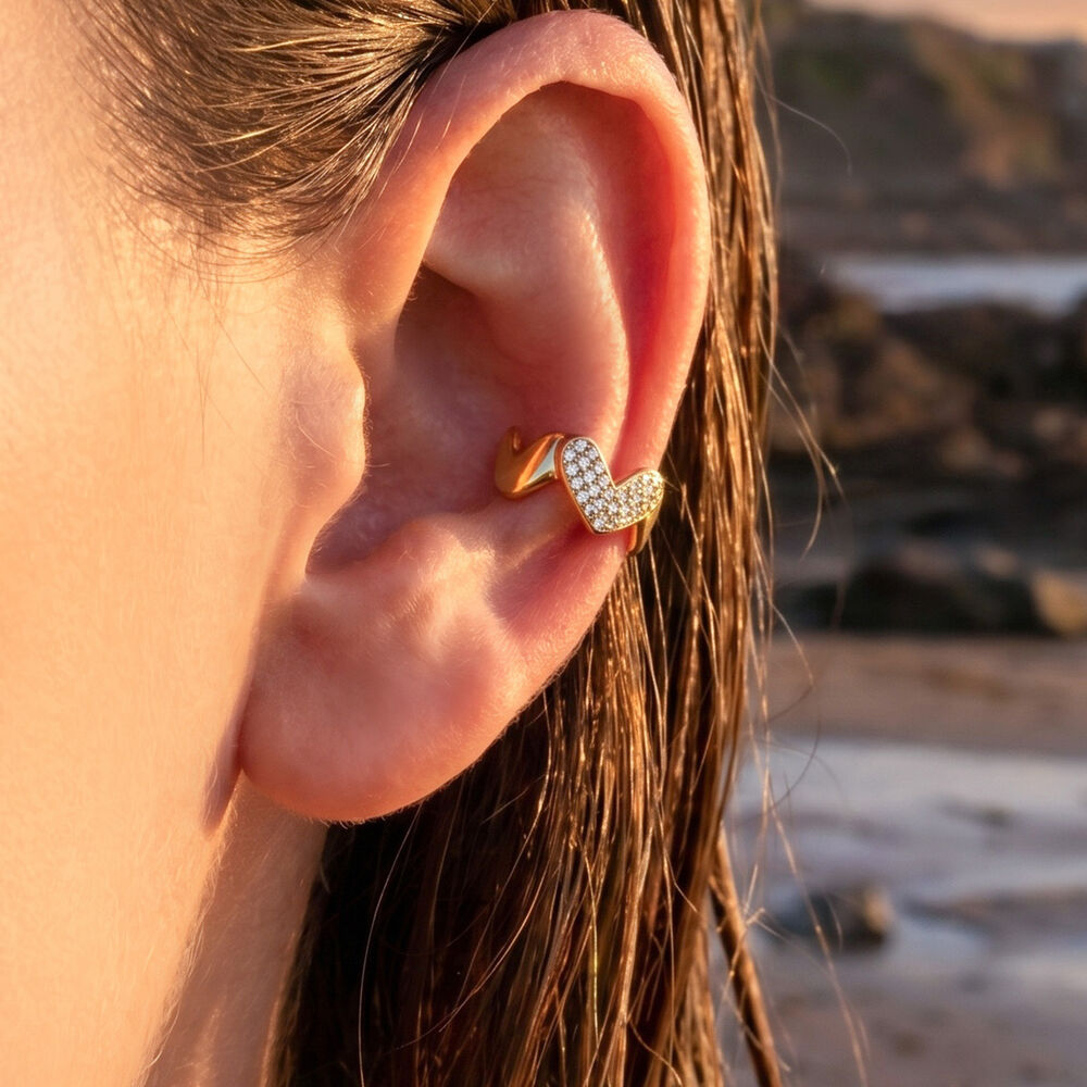 Simple Heart Stainless Steel Waterproof Gold Color Rhinestone Women's Ear Cuffs Picture3