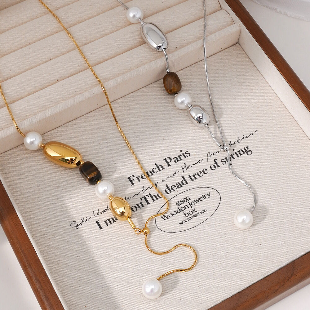 Retro Beads Stainless Steel Waterproof Gold Color Natural Stone Pearl Women's Beaded Necklaces Picture2
