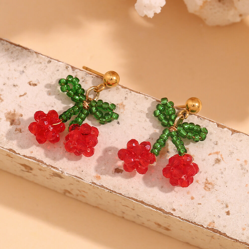 Romantic Series Sweet Cherry Stainless Steel Waterproof Gold Color Women's Beads Earrings 2