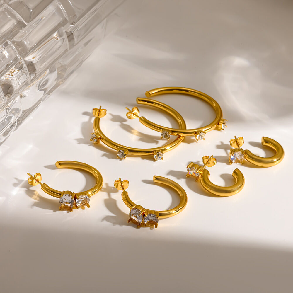 C-shape Stainless Steel Waterproof Gold Color Rhinestone Women's Stud Earrings h5 Picture2
