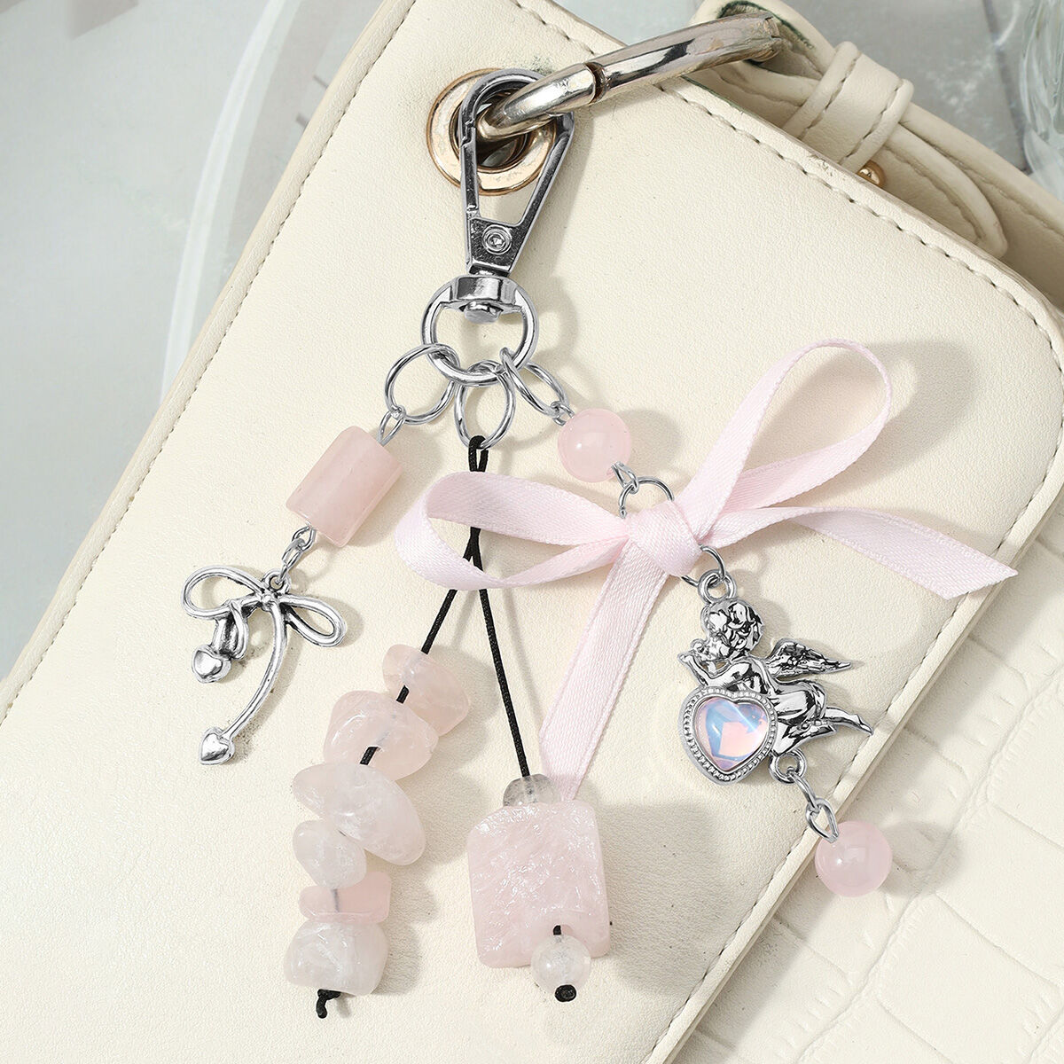 Simple Series Daily Heart Bow Knot Natural Stones Bag Charms Picture4