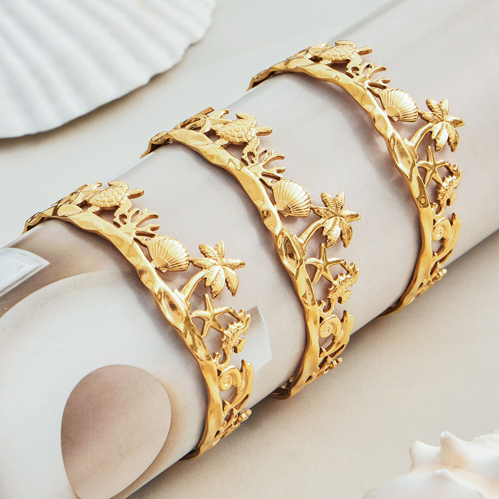 Vacation Oceanic Style Shell Stainless Steel Waterproof Gold Color Women's Cuff Bracelets Picture4