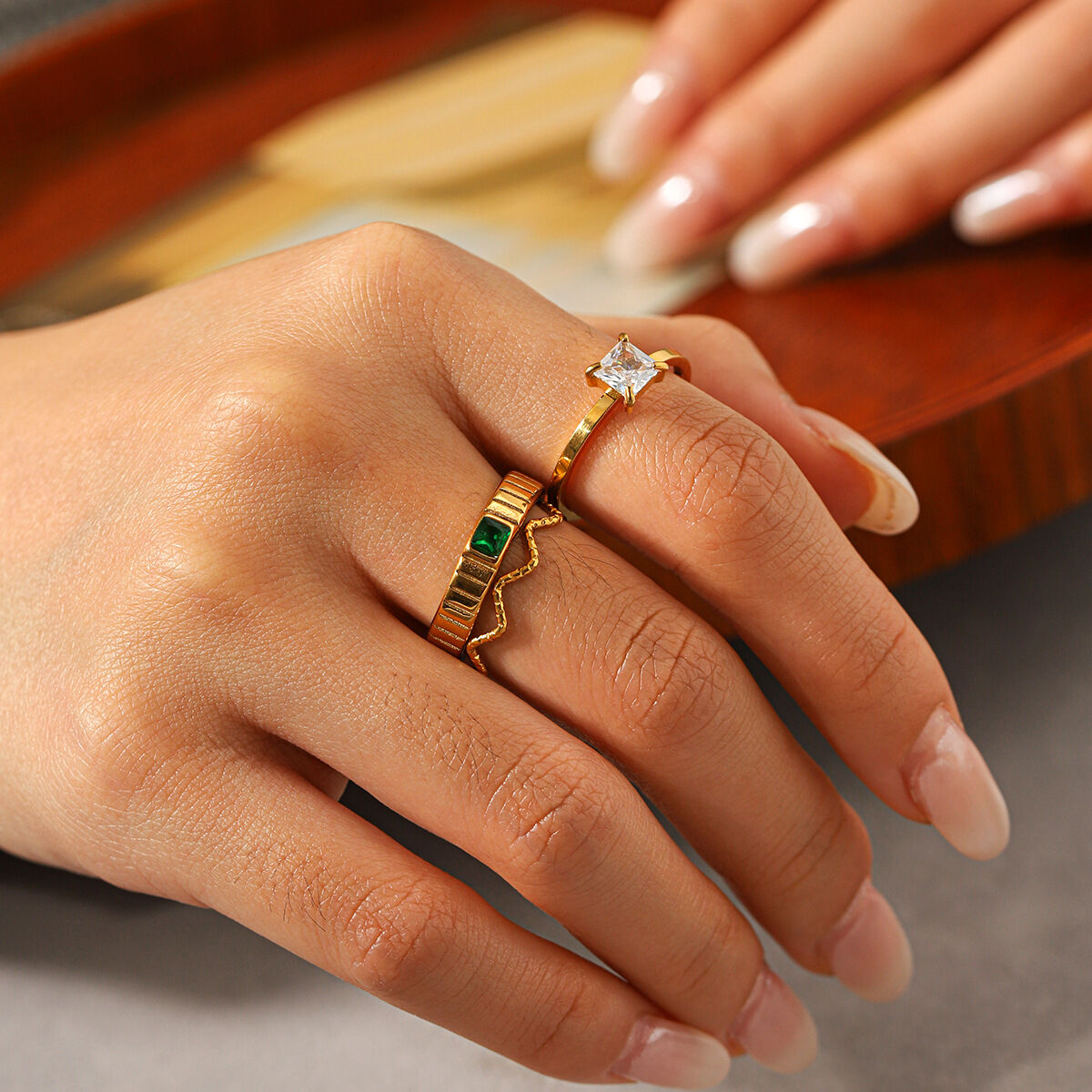 Luxury Simple Daily Solid Color Circle Lines Stainless Steel Waterproof   Gold Color  Zircon Women's Gemstone Rings h5 Picture3