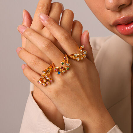Simple Series Daily Irregular Shape Stainless Steel Waterproof Gold Color Zircon Women's Gemstone Rings 2