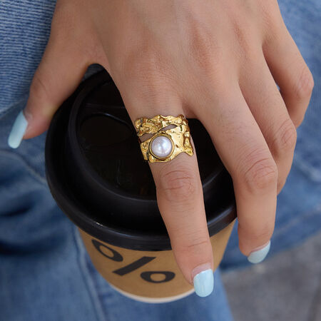 Simple Series Casual Irregular Shape Hammer Pattern Stainless Steel Waterproof Gold Color Statement Rings 2