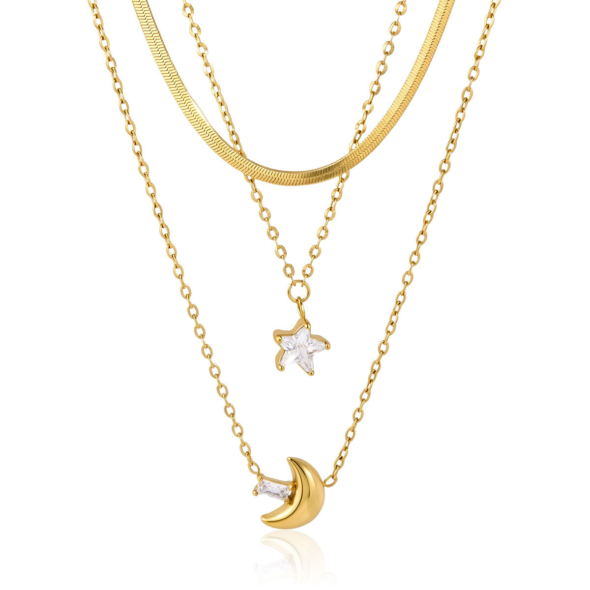 Simple Series Daily Star Moon Stainless Steel Waterproof Gold Color Zircon Women's Layered Necklaces h5 Picture5