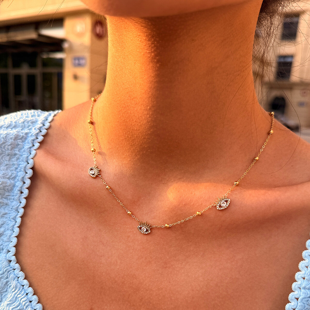 Simple Series Daily Devil's Eye Stainless Steel Waterproof  Gold Color  Zircon Women's Pendant Necklaces h5 Picture3