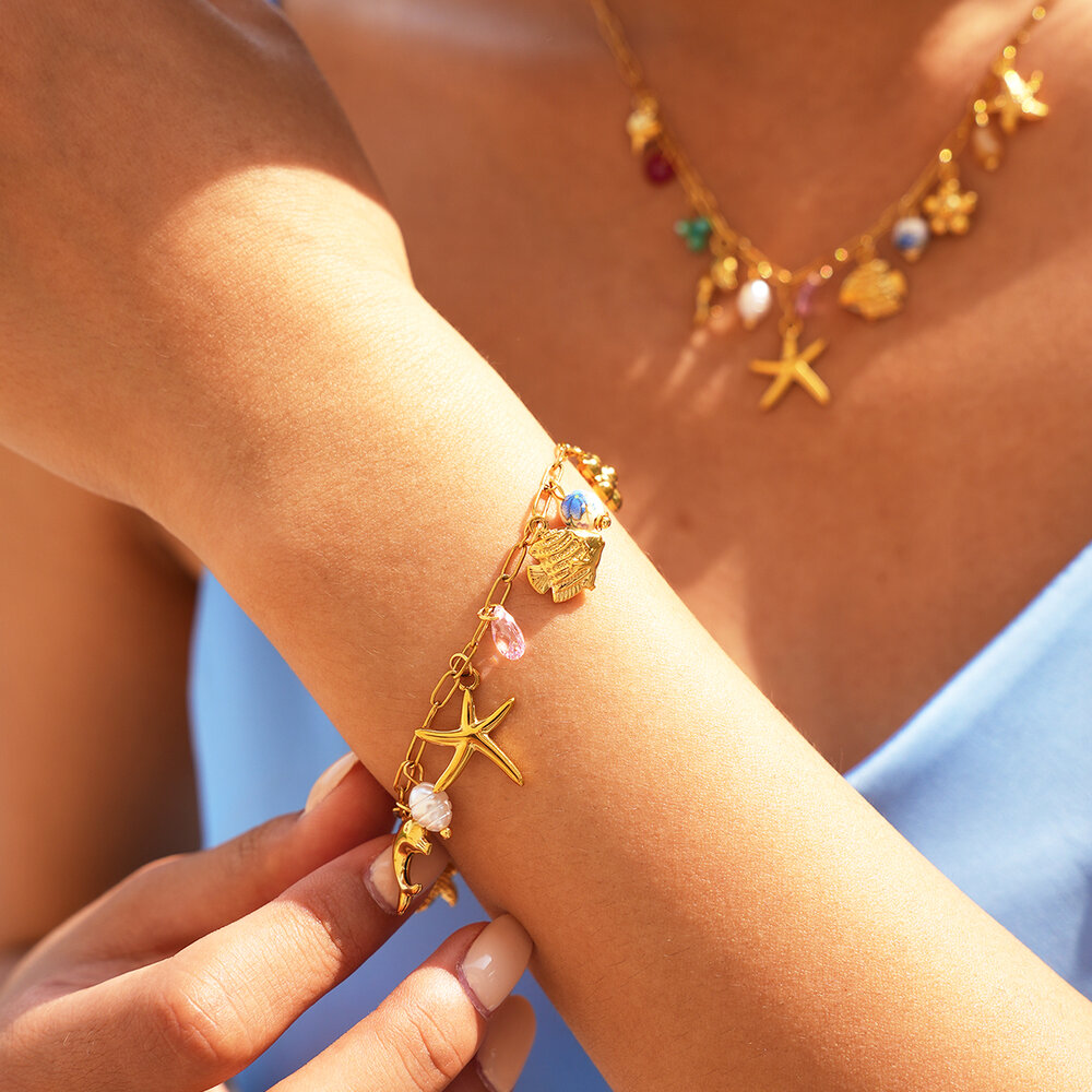 Simple Series Daily Shell Starfish Stainless Steel Waterproof Gold Color Women's Bracelets Sets Picture4