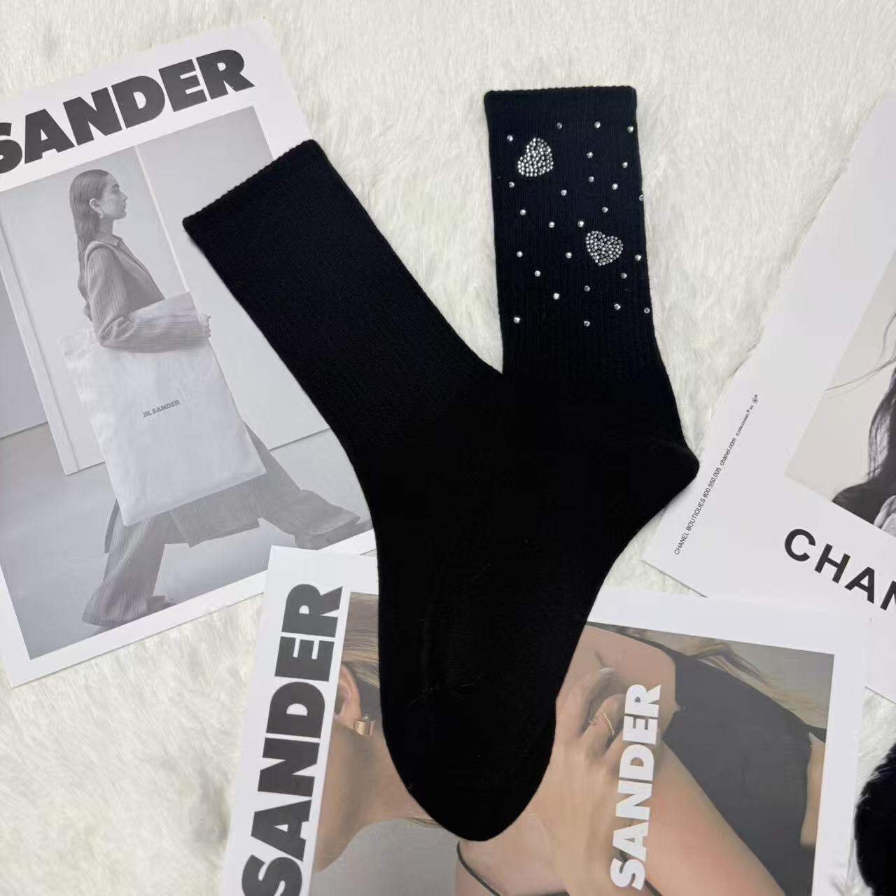 Basic Solid Color Heart Hot Rhinestones Mid-Calf Socks 
