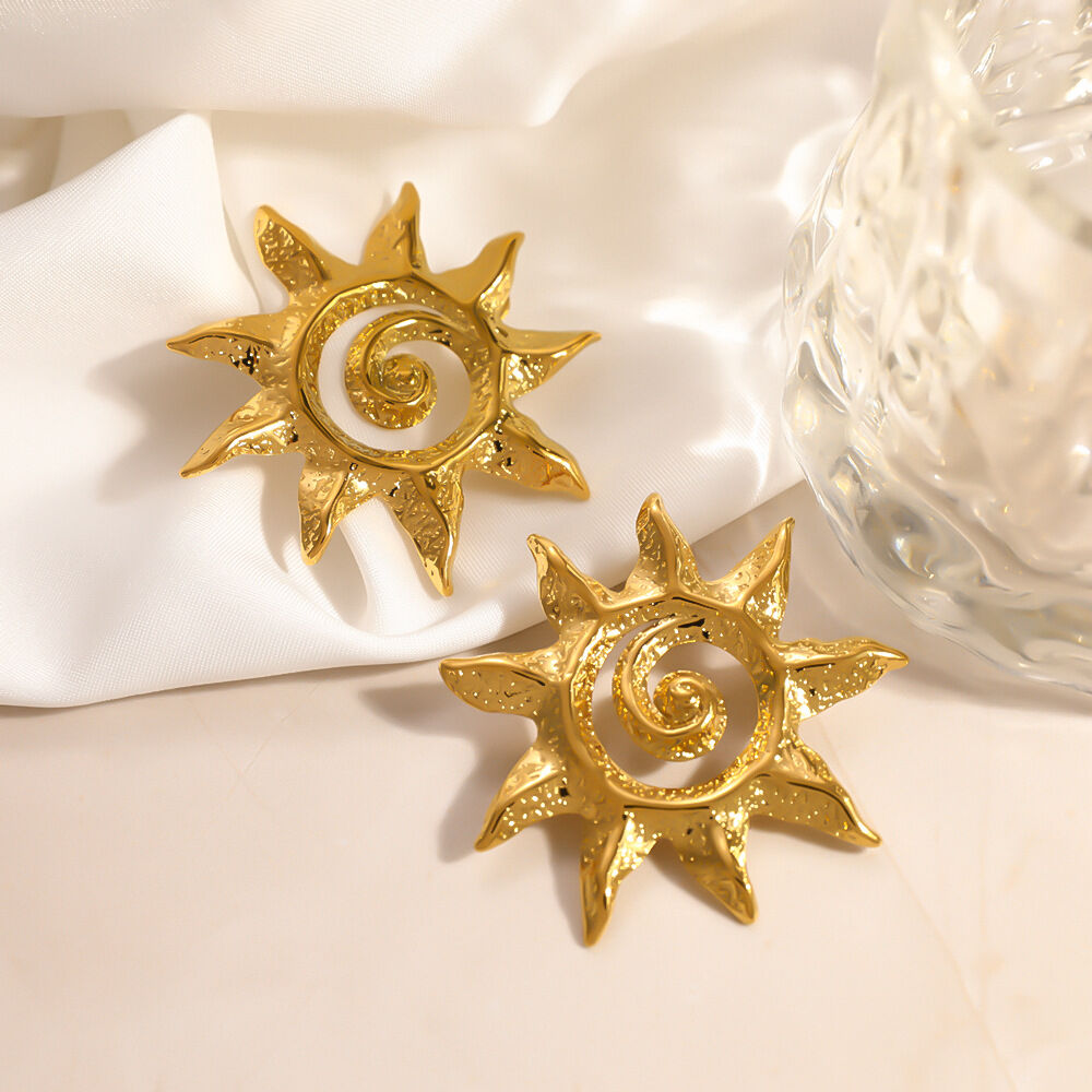 Classic Series Simple Sun Stainless Steel Waterproof   Gold Color  Women's Stud Earrings 2