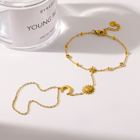 Cadena de mano para mujer con diseño de sol, estrella y luna, de acero inoxidable, resistente al agua, color dorado y circonita.