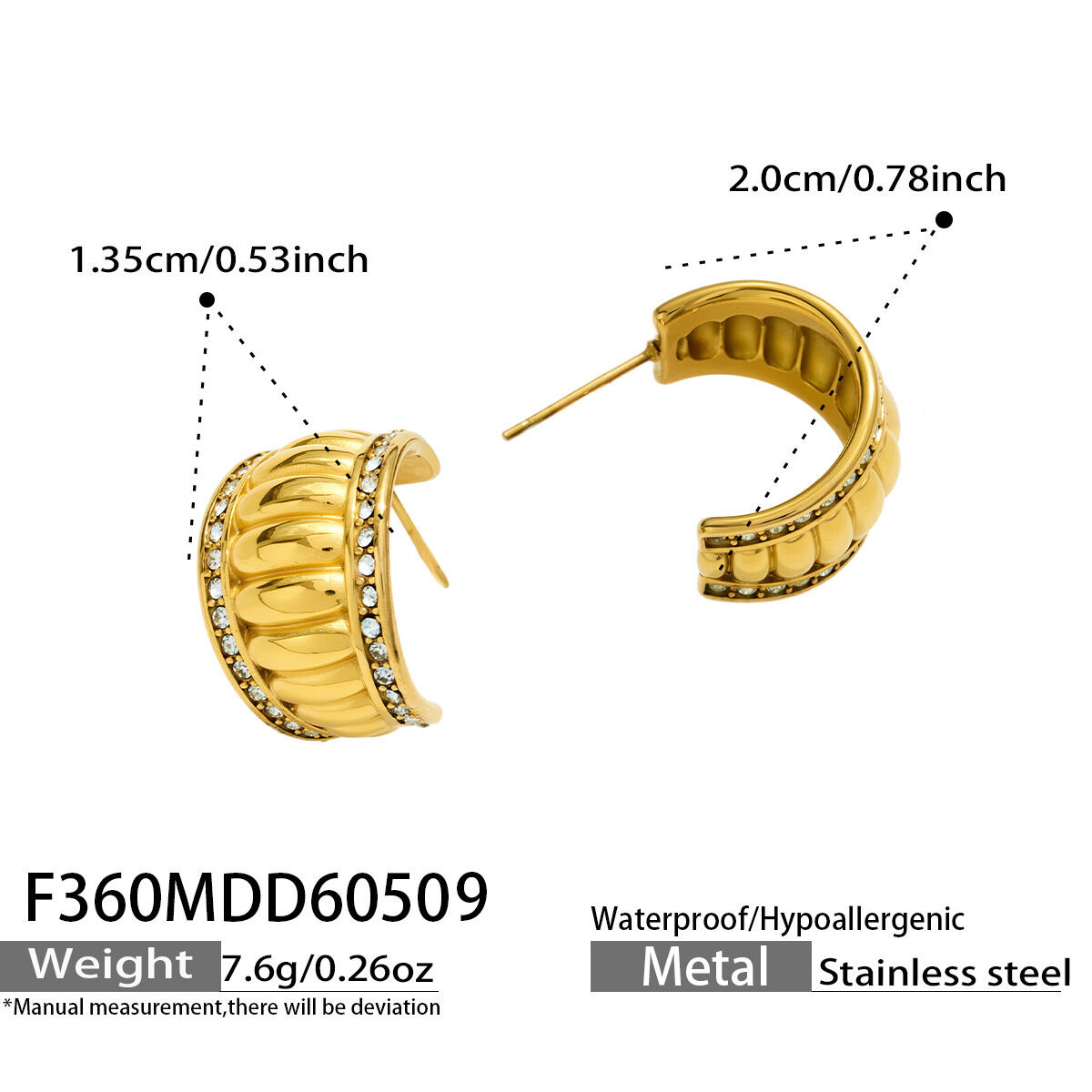 Classic Stripe Stainless Steel Waterproof Gold Color Rhinestone Women's Stud Earrings