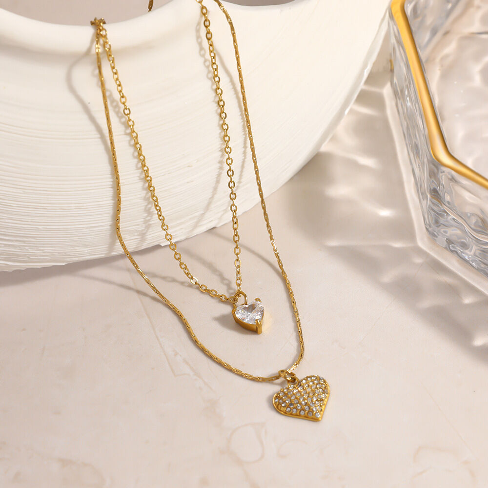 Simple Series Elegant Heart Stainless Steel Waterproof   Gold Color  Zircon Women's Pendant Necklaces 2
