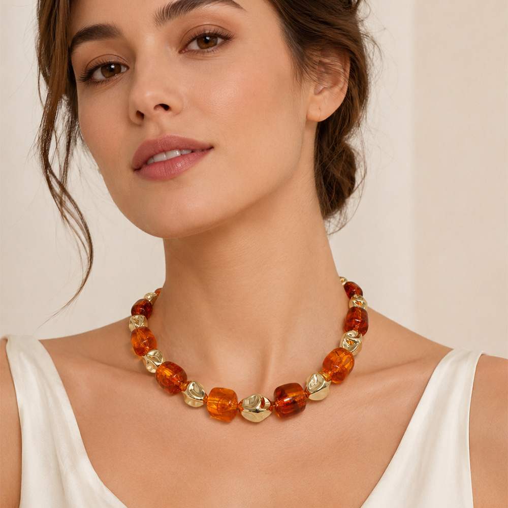 Simple Series Retro Irregular Shape Beads Resin Gold Color Women's Beaded Necklaces Picture3