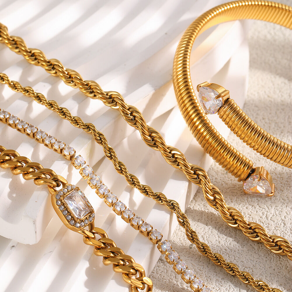 Luxurious Series Simple Chain Stainless Steel Waterproof Gold Color Zircon Women's Chain Bracelets h5Picture2