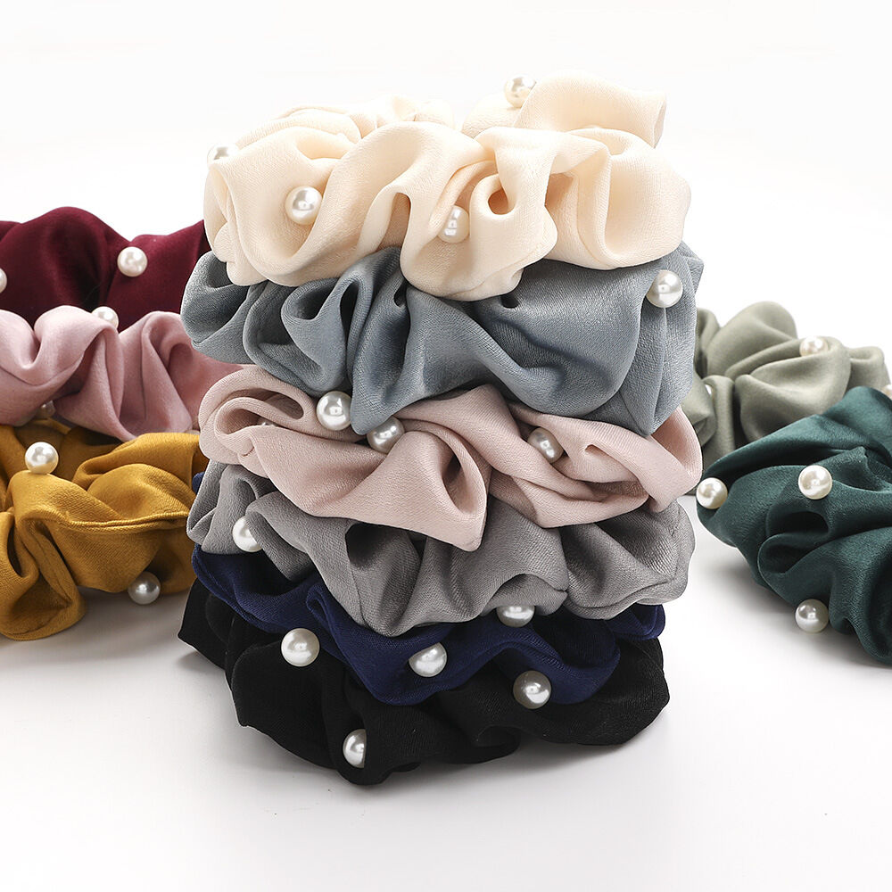 Simple Series Daily Solid Color Fabric Artificial Pearl Scrunchies Picture2