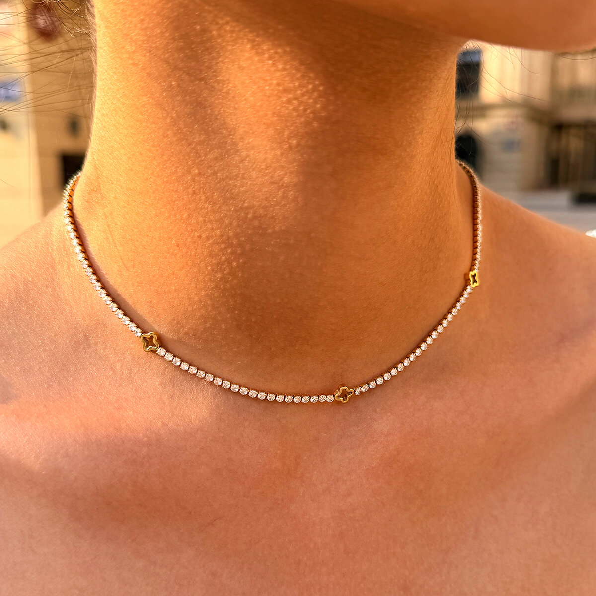 Luxury Simple Daily Clover Stainless Steel Waterproof  Gold Color Zircon Women's Chain Necklaces Picture3