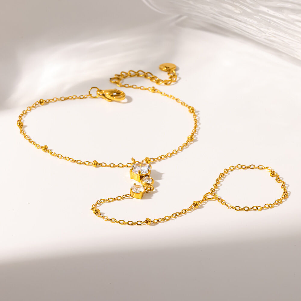 Chaîne de poignet pour femme, élégante et géométrique, en acier inoxydable, couleur or, avec zircon, étanche. Collection Luxueuse. Image2