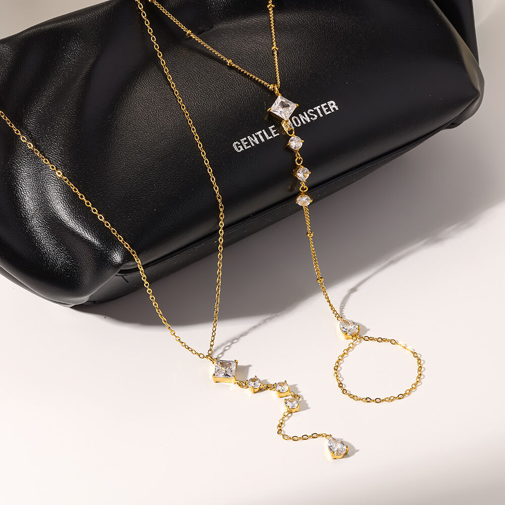 Luxurious  Elegant Geometric Shape Stainless Steel Waterproof   Gold Color  Zircon Women's Jewelry Sets Picture2
