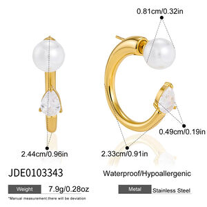 Simple Droplet Circle Stainless Steel Waterproof Gold Color Zircon Artificial Pearl Women's Stud Earrings h5
