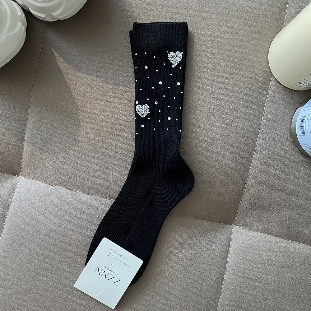 Slight Bounce Basic Heart Hot Rhinestones Mid-Calf Socks 