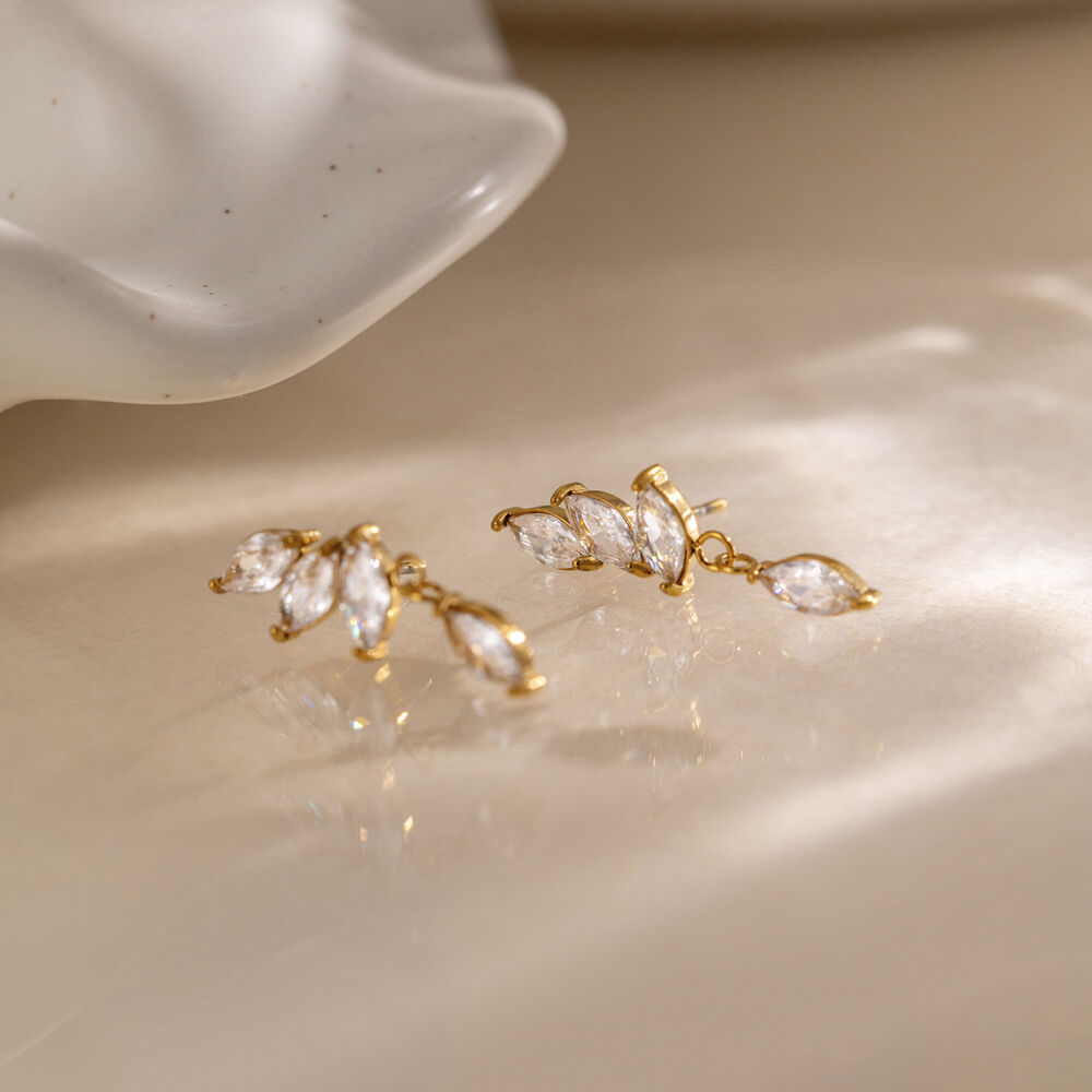 Flower Stainless Steel Waterproof Gold Color Zircon Women's Drop Earrings h5Picture3