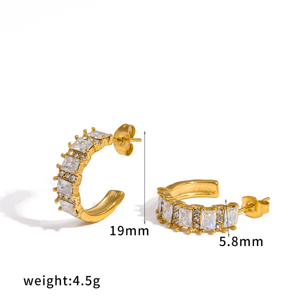 Stainless Steel Waterproof Gold Color Rhinestone Women's Stud Earrings h5