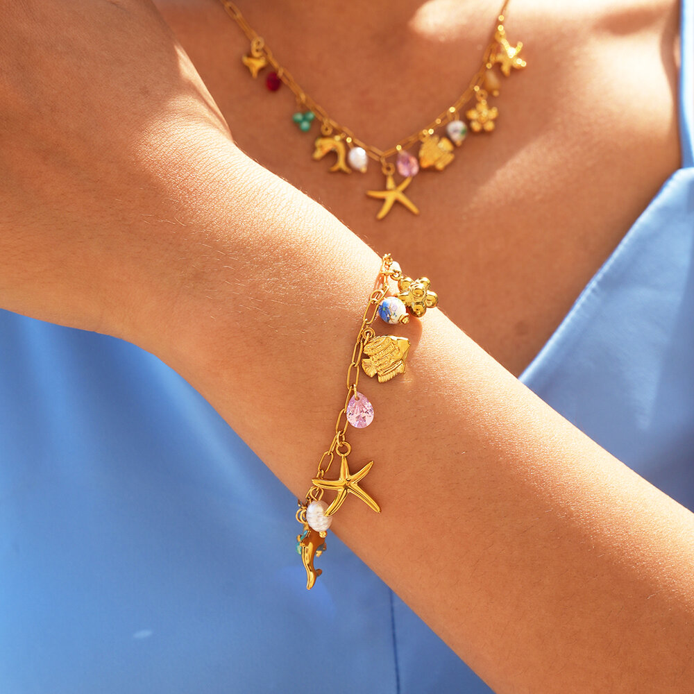 Simple Series Daily Shell Starfish Stainless Steel Waterproof Gold Color Women's Bracelets Sets Picture5