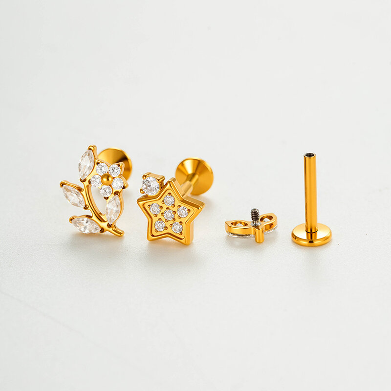Orecchini da piercing da donna semplici a forma di cuore e stella in lega di titanio color oro con zirconi. h5Immagine3