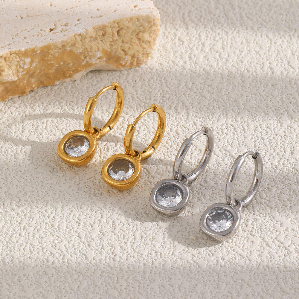 Simple Circle Stainless Steel Waterproof Gold Color Zircon Women's Hoop Earrings