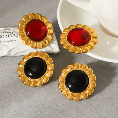 Pendientes sencillos de mujer con diseño floral circular, de acero inoxidable, resistentes al agua, color dorado y piedra natural.