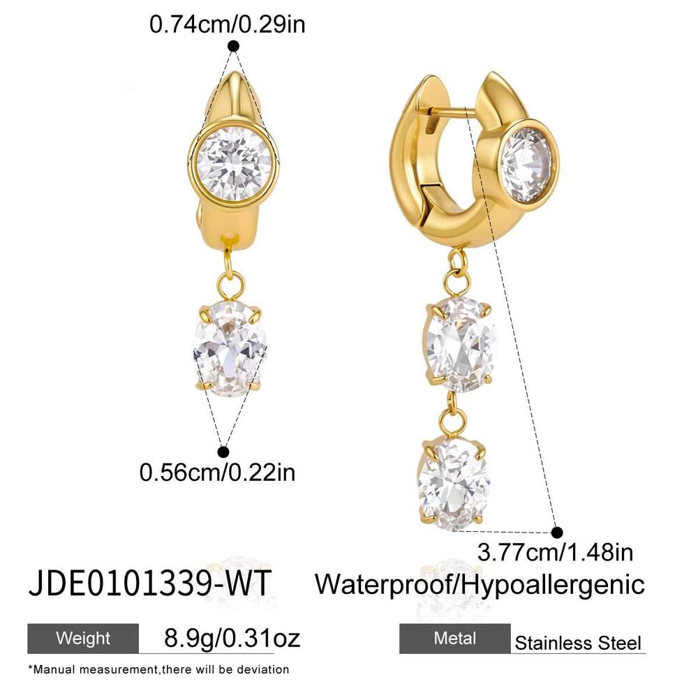 Simple Ellipse Shape Stainless Steel Waterproof Gold Color Zircon Women's Drop Earrings