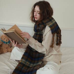 Simple Series Daily Twist Ekose Püsküllü Karışık Renkli Yün-Polyester Karışımı Kışlık Şallar h5