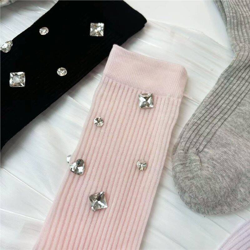Elegant Solid Color With Rhinestones Mid-Calf Socks h5Picture4