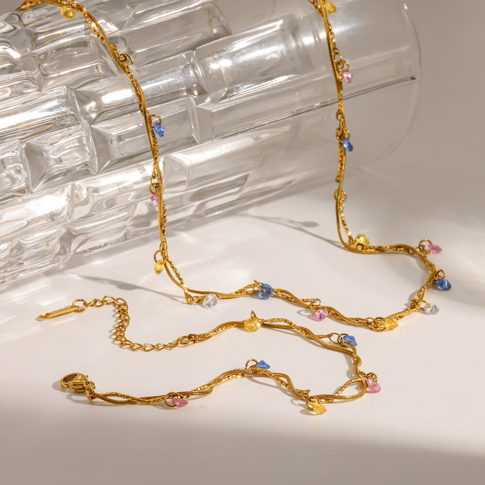 Stainless Steel Waterproof Gold Color Rhinestone Women's Necklaces Sets h5 Picture3