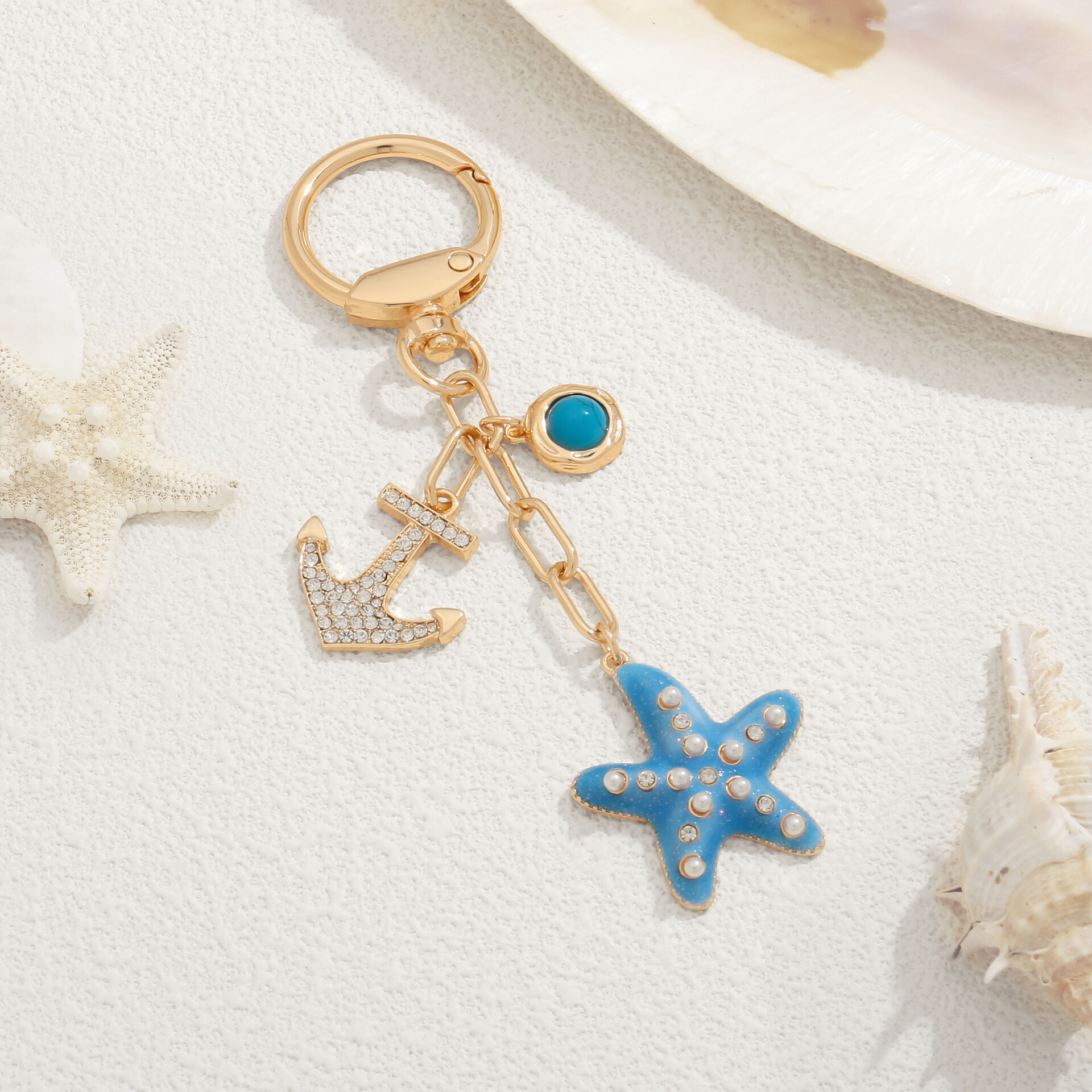 Simple Series Vacation Oceanic Style Chain Starfish Alloy Rhinestone Keychain 2