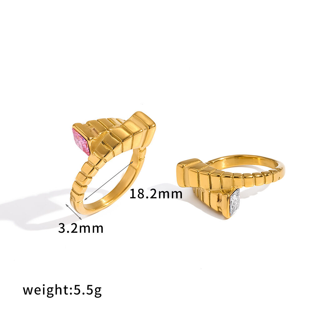 Geometric Shape Stainless Steel Waterproof Gold Color Rhinestone Statement Rings h5 