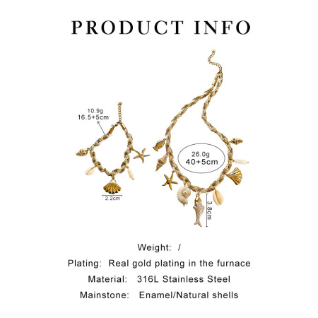 Conjuntos de collares para mujer de la serie romántica: peces, estrellas de mar, cuerda trenzada, color dorado y conchas.