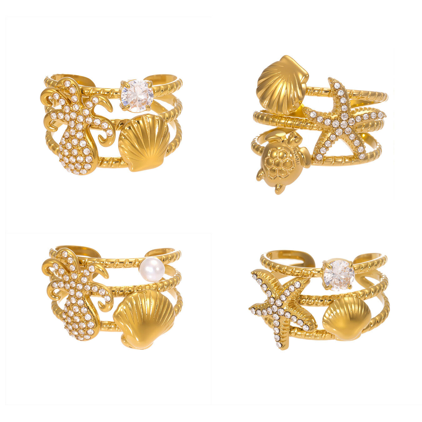 Oceanic Style Stainless Steel Waterproof Zircon Artificial Pearl Statement Rings h5 Picture3