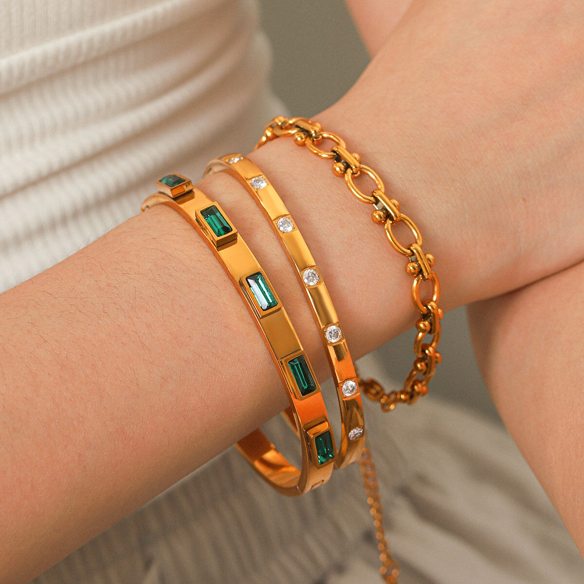 Simple Daily Rectangle Ellipse Shape Stainless Steel Waterproof   Gold Color  Zircon Women's Bangles