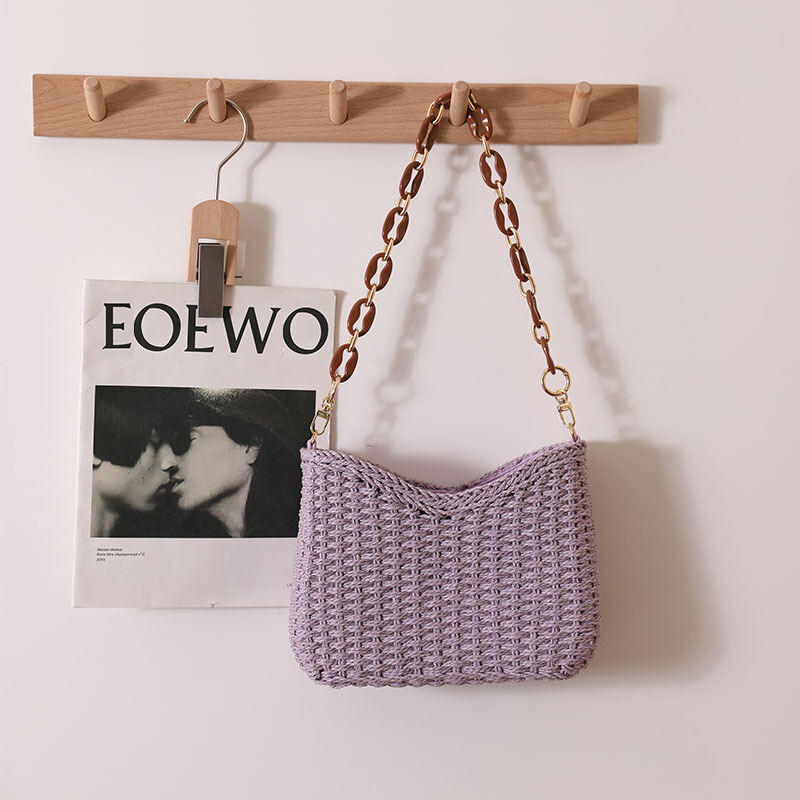 Casual Style Woven Solid Color Chain Raffia Women's Square Bag