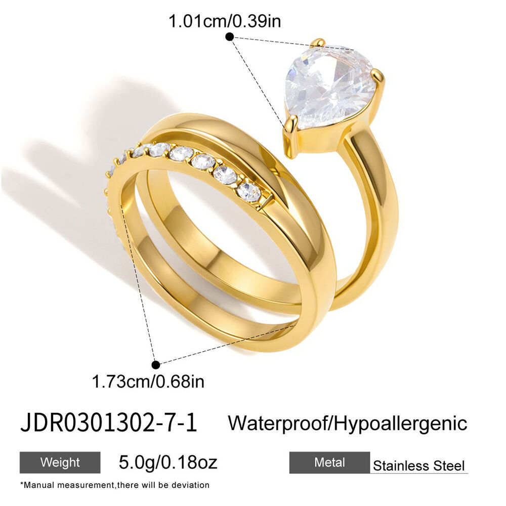 Luxurious Ellipse Shape Stainless Steel Waterproof Gold Color Zircon Women's Gemstone Rings