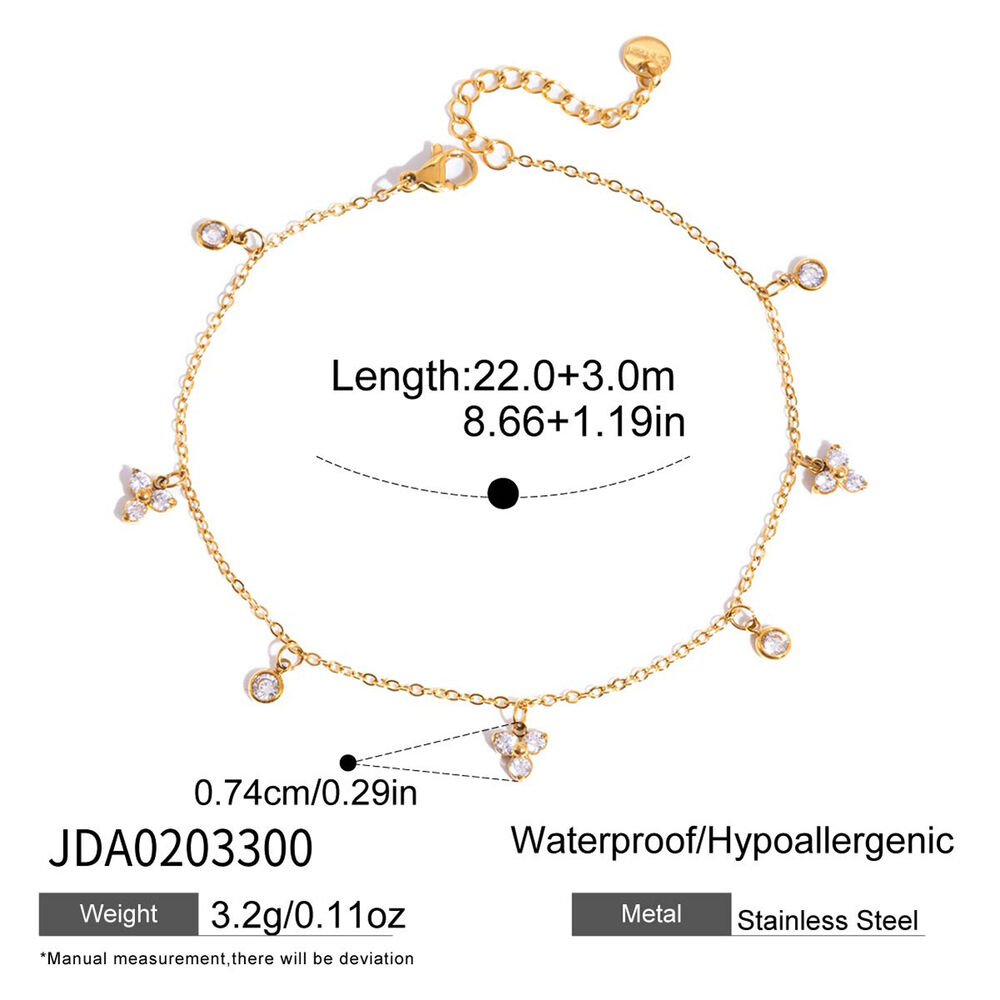 Simple Flower Stainless Steel Waterproof Gold Color Zircon Anklets