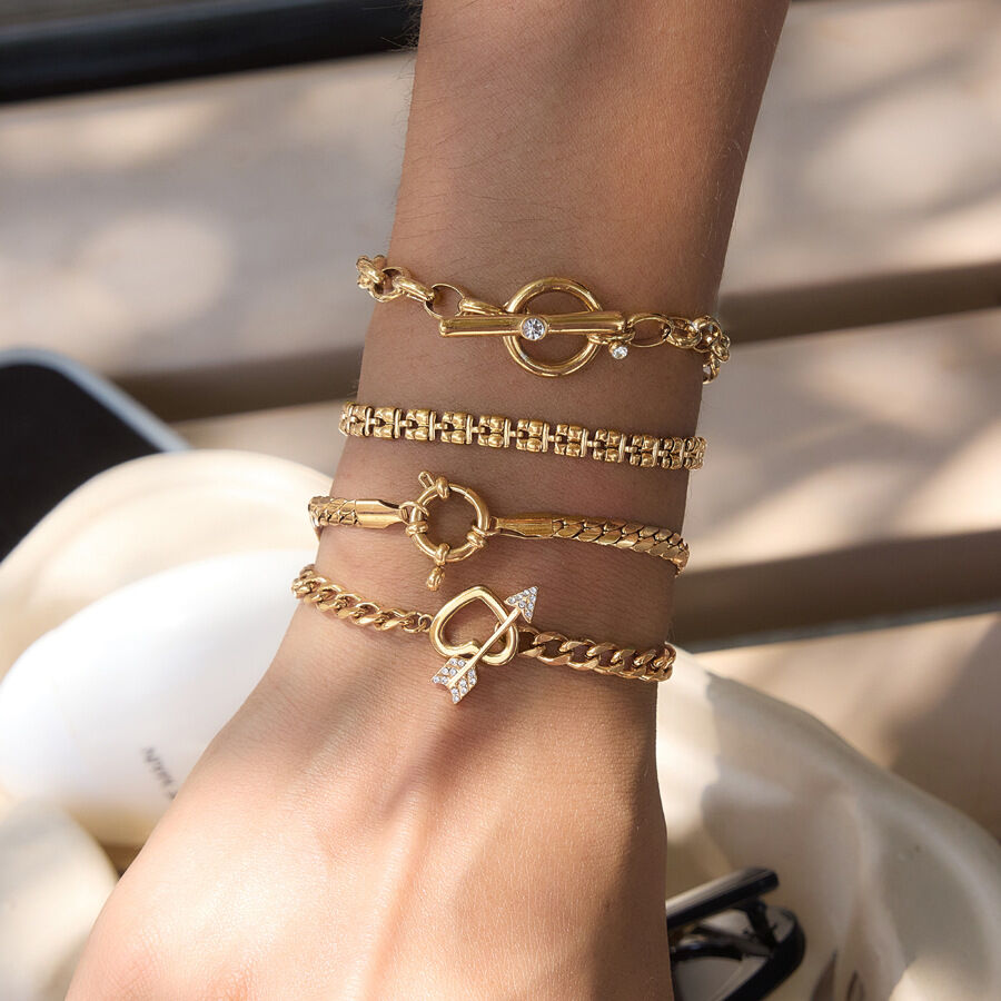 Simple Series Elegant Heart Chain Circle Stainless Steel Waterproof   Gold Color  Women's Chain Bracelets