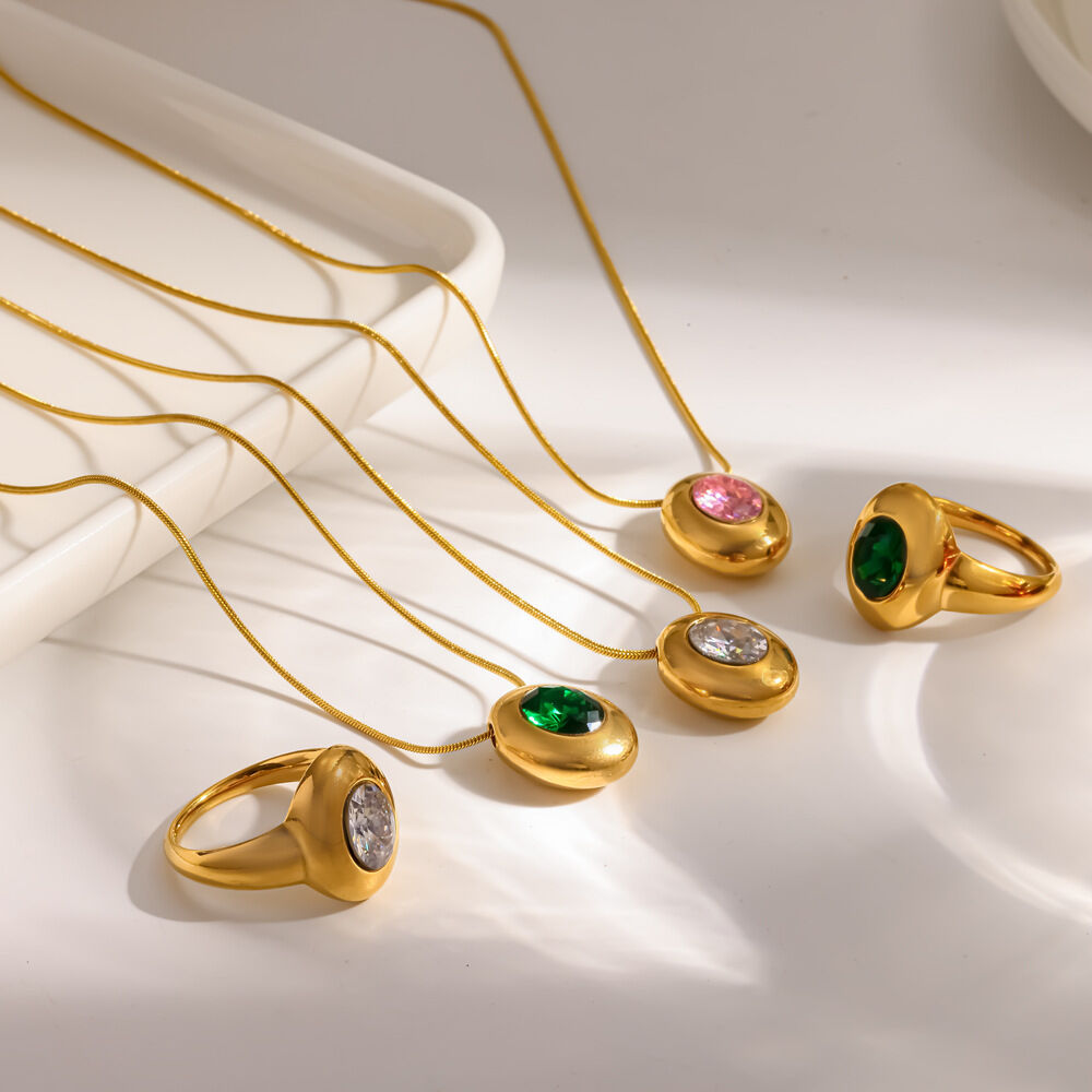 Simple Ellipse Shape Stainless Steel Waterproof Gold Color  Zircon Women's Necklace Sets Picture2