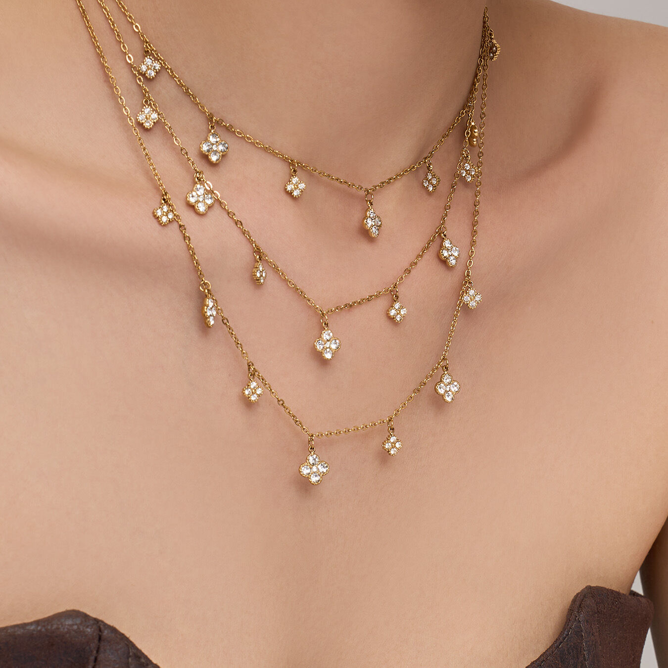 Elegant Flower Stainless Steel Waterproof Gold Color Rhinestone Women's Layered Necklaces Picture3