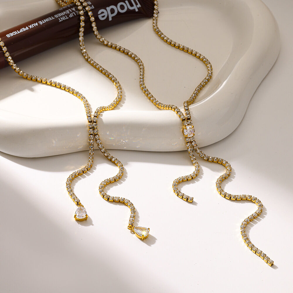 Luxurious Series Elegant Droplet Shape Stainless Steel Waterproof Gold Color Zircon Women's Pendant Necklaces 2