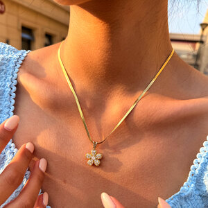 Simple Daily Reduce Stress Flower Stainless Steel Waterproof Gold Color Zircon Women's Pendant Necklaces h5 Picture3