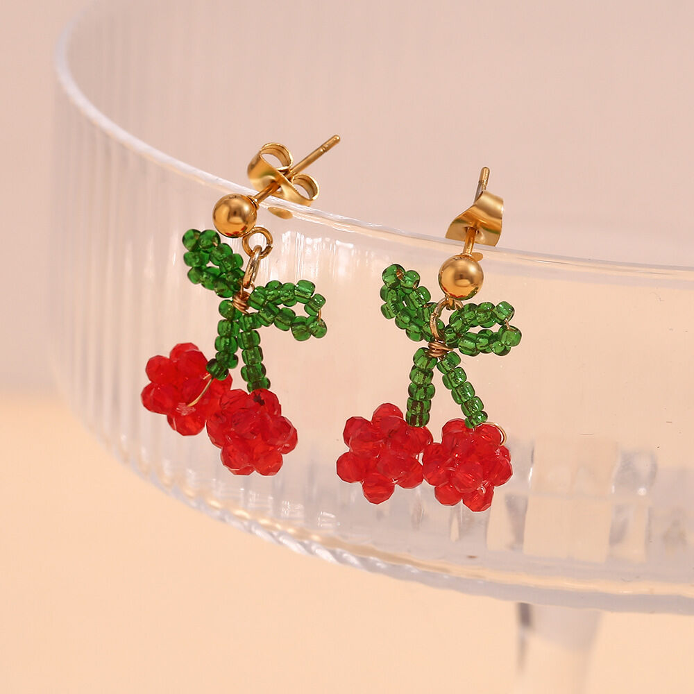 Romantic Series Sweet Cherry Stainless Steel Waterproof Gold Color Women's Beads Earrings